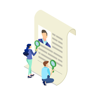 写真付きの資料を確認する男女 履歴書,チェック,アイソメトリック,書類,審査,文書,人事,調べる,点検,調査のイラスト素材