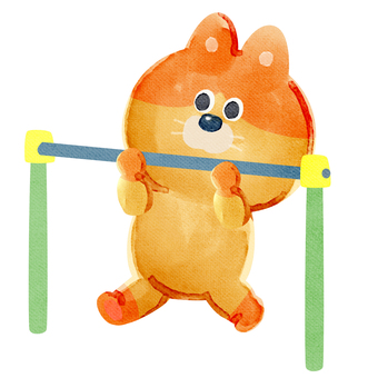 水彩画_鉄棒するネコ_01 猫,動物,手描き,水彩画,遊具,体育,体操,運動,鉄棒,遊ぶのイラスト素材