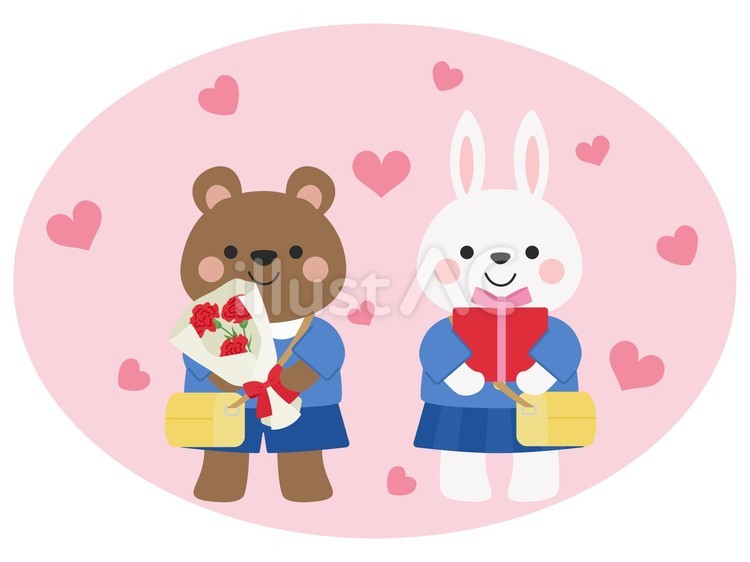 母の日　動物園児と花束とプレゼント 母の日,カーネーション,くまのイラスト素材