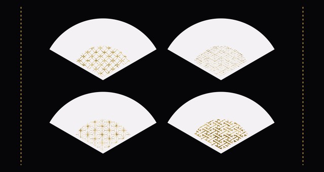 和柄とゴールドの白扇子デザインセット 扇子,和柄,七宝,青海波,麻の葉,紗綾形,パターン,ゴールド,金,白のイラスト素材