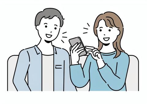 スマホを見るカップル スマホ,ソファ,カップル,リサーチ,男性,女性,ポイント,携帯,スマートフォン,線画のイラスト素材