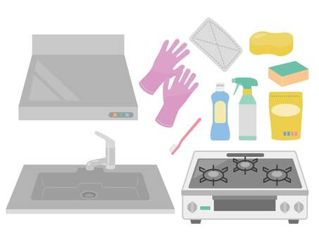 キッチンまわり掃除 キッチン,台所,掃除,水まわり,大掃除,家事,洗剤,掃除用洗剤,ガスコンロ,レンジフードのイラスト素材