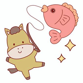 鯛を釣る馬 馬,午年,干支,鯛,釣り,お正月,年賀状,動物,2026年,線画のイラスト素材
