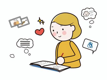 日記を書く女性 日記,手記,書く,女性,綴る,鉛筆,ハート,きらきら,子供,思い出のイラスト素材