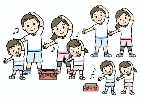 ラジオ体操する家族 ラジオ体操,家族,体操,お父さん,お母さん,女の子,男の子,準備体操,体操服,ポーズのイラスト素材