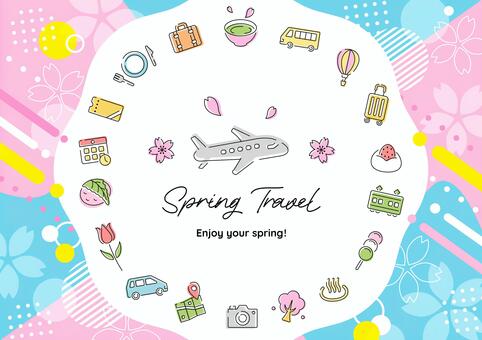 春の旅行イラストアイコンのフレーム3 旅行,春,桜,フレーム,バナー,背景,飾り枠,観光,電車,飛行機のイラスト素材