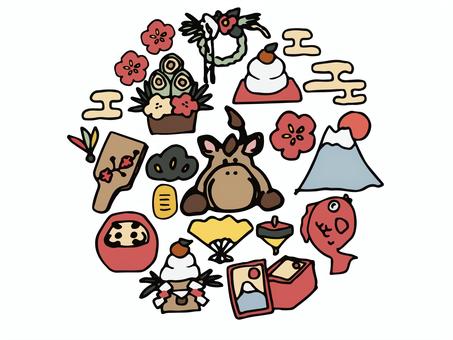 馬と縁起物の正月イラスト 正月,年賀状,縁起物,馬,門松,鏡餅,正月飾り,富士山,鯛,かるたのイラスト素材