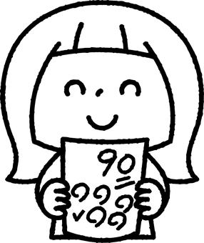 テストで90点をとった女の子モノクロ 人物,子供,テスト,高得点,90点,成績,学習,勉強,女の子,小学生のイラスト素材
