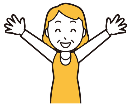  エプロンおばちゃん(黄)-083-バスト ばんざい,おばちゃん,エプロン,お母さん,ママ,中年,おばさん,主婦,人物,かわいいのイラスト素材