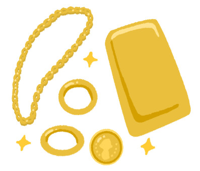 輝くネックレスやゴールドバーや金製品 金,貴金属,ネックレス,コイン,指輪,リング,資産,輝く,キラキラ,チェーンのイラスト素材