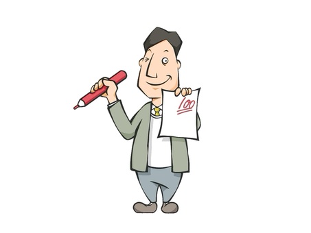 テストの答案を持った学校の教師(先生) 教師,先生,テスト,百点,笑顔,にっこり,ペン,答案,男性,ネクタイのイラスト素材