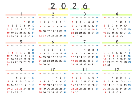 2026年の年間カレンダー パステル 年間,カレンダー,2026,令和8年,年間カレンダー,1月はじまり,日曜はじまり,a4,暦,スケジュールのイラスト素材