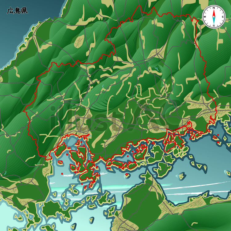 広島県　日本　都道府県　県　上空　真上 広島県,日本,都道府県のイラスト素材