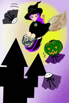 Illustration, halloween, witch, city, 