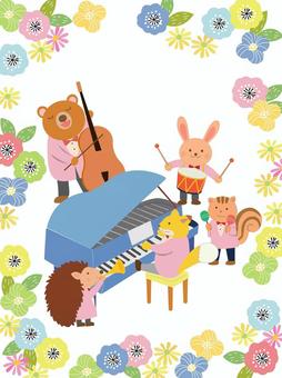動物の新春コンサート コンサート,春,動物,演奏会,かわいい,花,ピアノ,楽器,太鼓,うさぎのイラスト素材