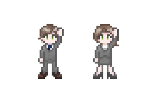 ドット絵の手をあげる会社員男女 セット ドット絵,ピクセル,手,上げる,片手,挙手,返事,はい,やる気,質問のイラスト素材