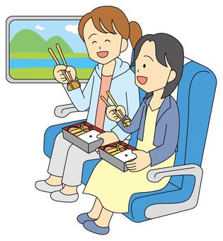 旅行12 旅行12 旅行,駅弁,弁当,新幹線,電車,座席,食べる,車窓,窓,風景のイラスト素材