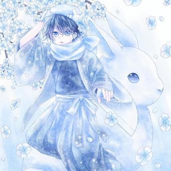 男の子 人物,男の子,キャラクター,水彩,青,水色,和服,袴,一枚絵,冬のイラスト素材