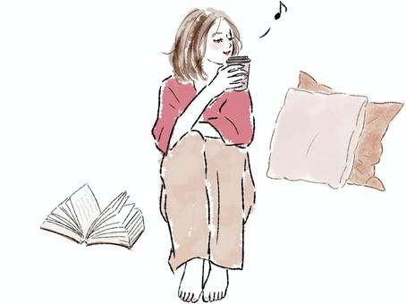 女性　座る　コーヒー　本　クッション　 女性,本,クッション,音符,座る,全身,ご機嫌,るんるん,部屋,笑顔のイラスト素材
