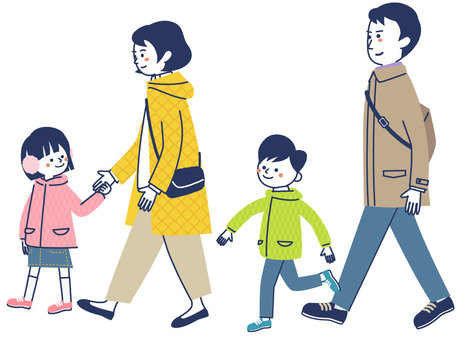 家族でお出かけ　冬服 家族,お出かけ,外出,冬服,コート,ジャケット,かわいい,シンプル,カラフル,歩くのイラスト素材