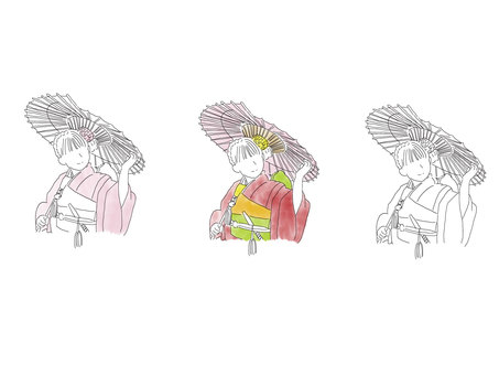 着物姿和傘のイラスト（線画＆カラー3種） 着物,和傘,七五三,線画,カラーイラスト,おしゃれ,シンプル,かわいい,女の子,セットのイラスト素材