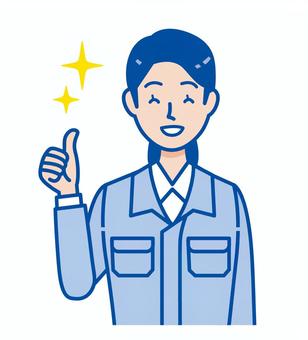 笑顔でいいねする作業服を着た若い女性 いいね,グッジョブ,笑顔,人,一人,正面,上半身,建設業,制服,工務店のイラスト素材