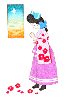 祈る昔の女学生 明治,大正,祈り,クリスマス,冬,袴,椿,手描き,色鉛筆,レトロのイラスト素材