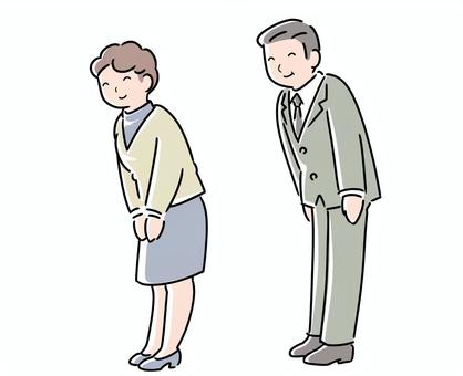 中年熟年あいさつ　男女 挨拶,中年,男女,全身,シンプル,おはよう,こんにちは,よろしく,ありがとうのイラスト素材