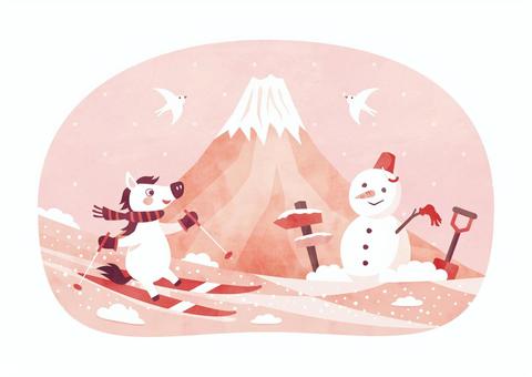 スキーを楽しむ馬(午)と雪だるま_水彩2 スキーを楽しむ馬(午)と雪だるま_水彩2 スキー,馬,午,午年,富士山,雪だるま,年賀状,寒中見舞い,冬,1月のイラスト素材