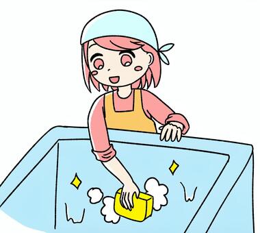 桃色の女の子がお風呂掃除をしている ピンク,かわいい,手描き,お風呂,風呂掃除,浴室掃除,バスルーム掃除,掃除,大掃除,水回り掃除のイラスト素材