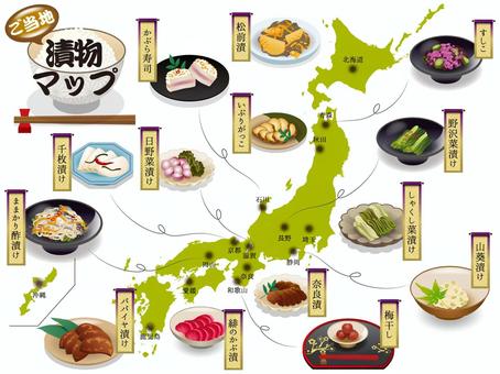 漬物マップ 漬物,発酵食品,保存食,マップ,日本地図,食べ物,和食,名物,ご当地,ベクターデータのイラスト素材