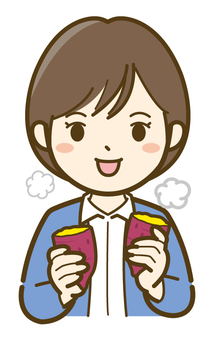 焼き芋を食べる女性01_25 女性,焼き芋,さつまいも,人物,人,秋,秋の味覚,焼きいも,やきいも,サツマイモのイラスト素材