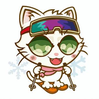 スキーをする白猫 猫,全身,デフォルメ,ゴーグル,マフラーのイラスト素材