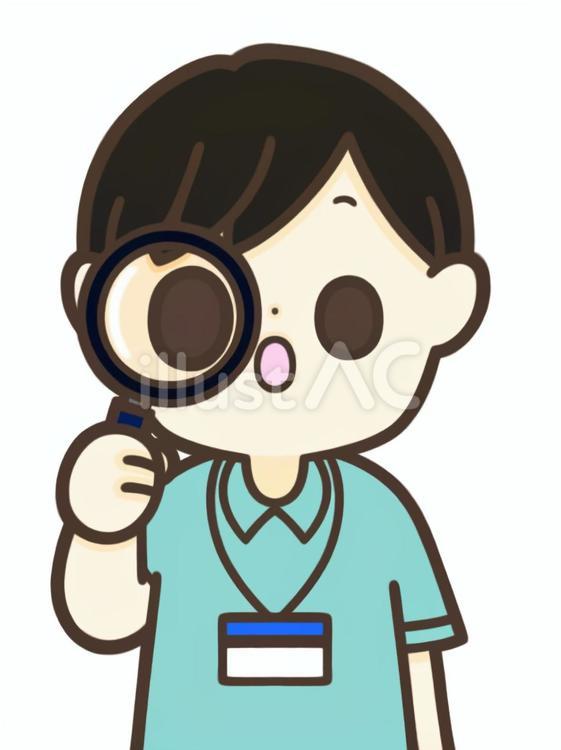 虫眼鏡を覗くデイスタッフ　男性 デイケア,デイサービス,スタッフのイラスト素材