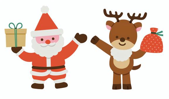 プレゼントを持つサンタクロースとトナカイ