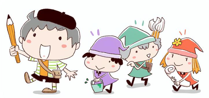 小人たちと歩く男の子 男の子,ベレー帽,小人,歩く,行進,鉛筆,筆,バケツ,紙,笑顔のイラスト素材