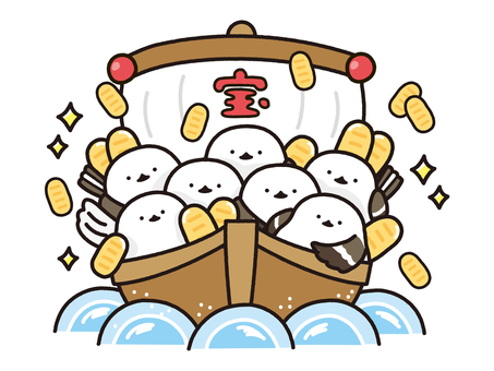 宝船に乗ったシマエナガと大判小判 シマエナガ,エナガ,野鳥,鳥,動物,宝船,船,乗り物,お正月,福のイラスト素材