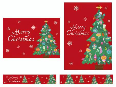 クリスマスツリーのポスターセット　赤 christmas,メリークリスマス,クリスマスツリー,クリスマス,ツリー,飾り,オーナメント,オーナメントボール,靴下,ソックスのイラスト素材