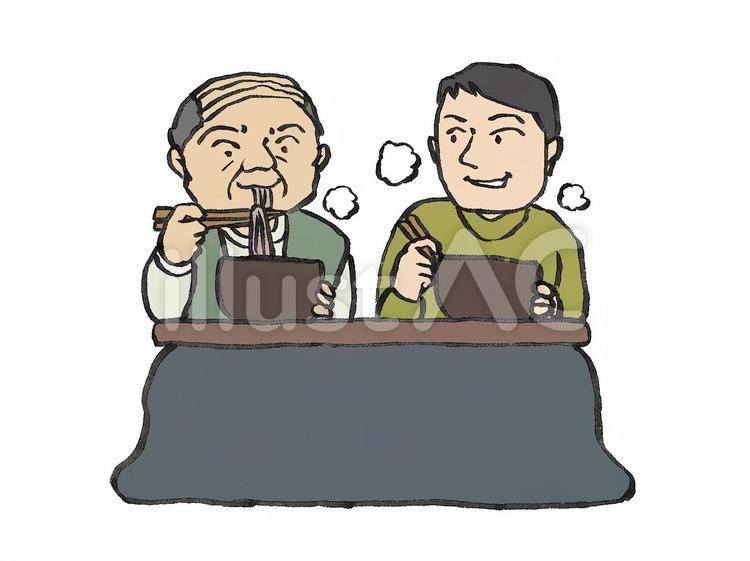 一緒にそばを食べるおじいさんと中高年男性 そば,食事,おじいさんのイラスト素材