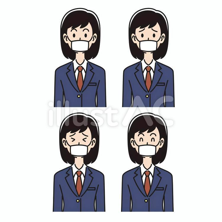 マスクをした女子高生の色々な表情 学生,高校生,ブレザーのイラスト素材