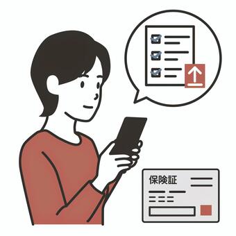 オンライン診療の手続き-女性 オンライン診療,オンライン受診,遠隔医療,遠隔診療,オンライン服薬指導,スマホ受診,保険証,問診票,スマホ,医療のイラスト素材