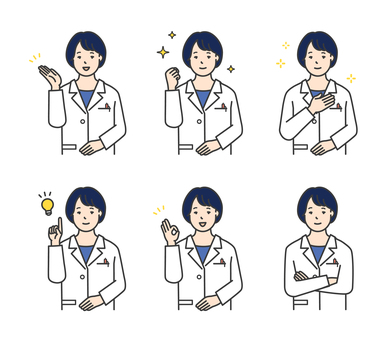 医者のアイコンセット イラスト素材 女性,医師,医者,女医,ドクター,医療従事者,薬剤師,研究者,白衣,病院のイラスト素材