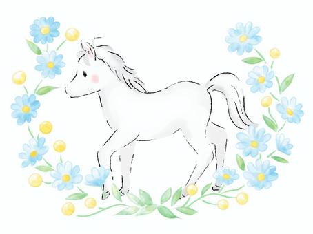 白い馬と青い小花フレーム（水彩・絵本風） ウマ,白い,白馬,青い,花,かわいい,水彩,絵本風,手描き,手書きのイラスト素材