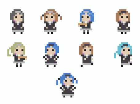 ドット絵　人物アイコンセットメイド ドット絵,ピクセルアート,メイド,アイコンセット,ドットキャラ,キャラクター,ドット人物,メイド服,可愛い,レトロゲームのイラスト素材