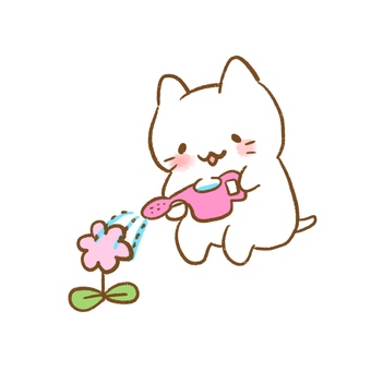 お花に水やりをするゆるい白猫のイラスト 猫,水やり,植物,花,園芸,お世話,日課,開花,生活,ガーデニングのイラスト素材