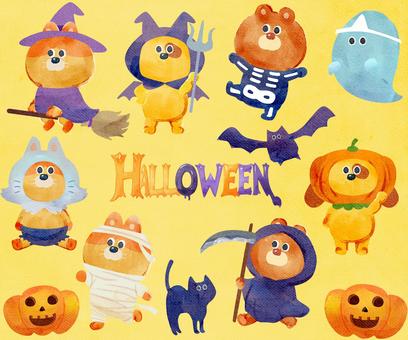 水彩画_ハロウィンmixセット_02 熊,猫,犬,動物,手描き,水彩画,水彩,水彩風,水彩画風,あしらいのイラスト素材