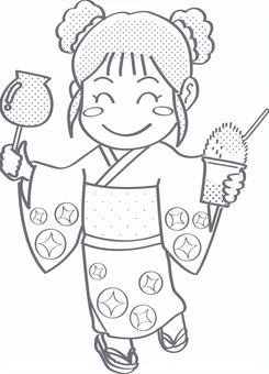 屋台を満喫する女の子(線画) 屋台,夜店,こども,女の子,浴衣,りんごあめ,フラッペ,かき氷,たのしい,おいしいのイラスト素材