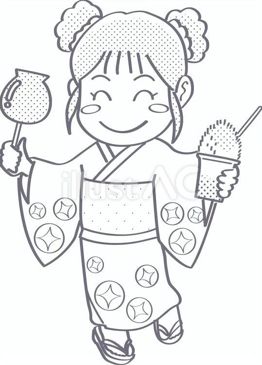 屋台を満喫する女の子(線画) 屋台,夜店,こどものイラスト素材
