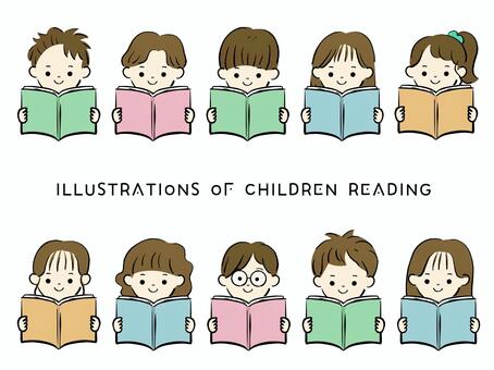 セット0025 本を読む子どもたち 子ども,こども,読書,本,笑顔,セット,顔,女の子,男の子,幼児のイラスト素材