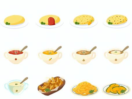 食べ物セット2 食べ物,軽食,オムレツ,スープ,揚げ物,ミネストローネ,ポタージュ,オニオンスープ,オニオングラタンスープ,ビシソワーズのイラスト素材
